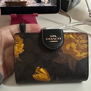COACH Brown Leather Wallet with Yellow Floral Print